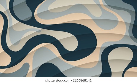 Beautiful striped mottled wallpaper in neutral tones. Curved smooth translucent stripes above the surface of wavy abstract shapes. Vector.
