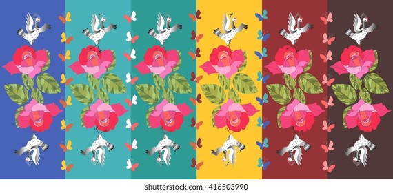 Beautiful striped pattern with cranes, butterflies and roses.