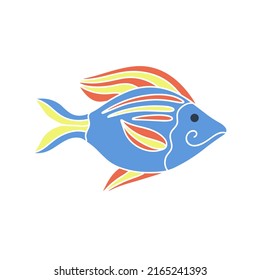 Beautiful striped sea fish isolated doodle style illustration. Underwater inhabitant colored baby character vector. Sea life cartoon clipart