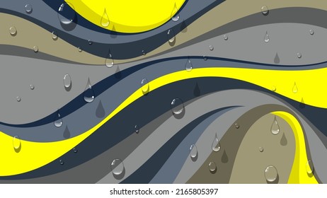 Beautiful striped wallpaper with 3D effect. Transparent drops on the background of a surface formed by multi-colored wavy shapes. Vector.