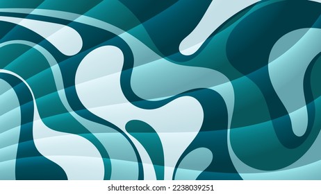 Beautiful striped wallpaper in turquoise azure tones. Smooth translucent stripes on the background of wavy shapes. Trend 60s, 70s. Template for your projects. Vector.