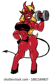 beautiful strong devil girl with athletic body holding a dumbbell and smiling