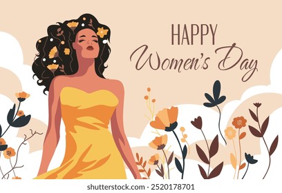 Beautiful strong free women with flowers in hair. Happy Women's Day card. Vector banner with International Women's Day. Movements for gender equality and women's empowerment. For website, advertising