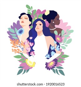 Beautiful strong girls. Happy Women's Day. Feminism. International holiday. All skin colors are beautiful. Cosmetic product. Vector illustration for a banner, cover, postcard, print.