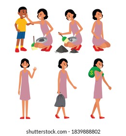 Beautiful strong skinny woman character isolated on layers flat vector illustration set