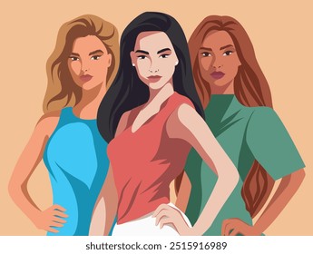 Beautiful strong women of different skin colors and nationalities stand together. Postcard with space for text with women's day. Movements for gender equality and women's empowerment