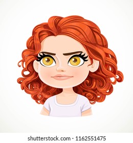 Beautiful stubborn cartoon brunette girl with dark red hair portrait isolated on white background