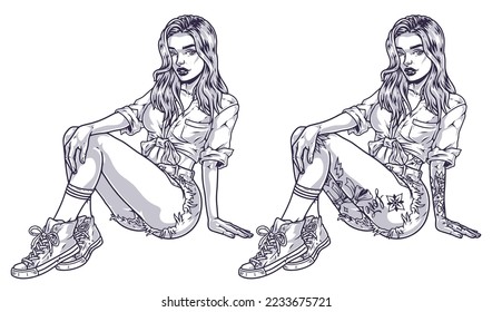 Beautiful student girl emblem monochrome with tattoos on legs woman trying to seduce dressed in cocky urban style vector illustration