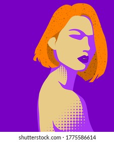 Beautiful style girl with orange hair in purple background pop halftone vector illustration
