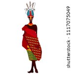 Beautiful, stylish African people, tribes, African American people dressed in tribal dresses of red colors, various decorations, African tribe Modern vector flat design image isolated on white back