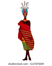 Beautiful, stylish African people, tribes, African American people dressed in tribal dresses of red colors, various decorations, African tribe Modern vector flat design image isolated on white back