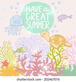 Beautiful and stylish background sea with cartoon cute fish, jellyfish and turtle