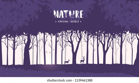 Beautiful and stylish background with silhouette forest tall trees and deer. Vector illustration
