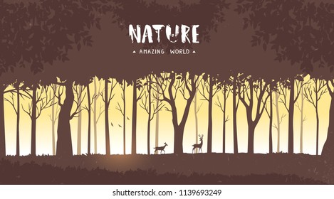 Beautiful and stylish background with silhouette forest tall trees and deer. Vector illustration