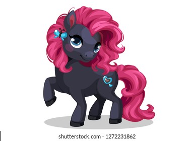 Beautiful stylish black colored little pony with pink hairstyle in standing position vector illustration