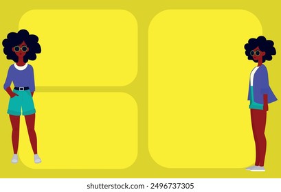 Beautiful stylish black woman, in glasses illustration, from the front, on a background for banners, notebooks, diaries
