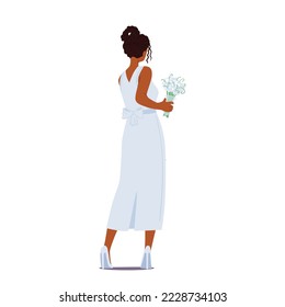 Hermosa Novia Elegante, con un elegante vestido y un estilo de pelo, con vistas Bouquet a la parte trasera. Personaje femenino de moda listo para la ceremonia de casamiento aislado de fondo blanco. Ilustración de vectores de personas de caricatura