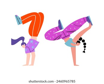 Beautiful stylish bright girls breakdancing. Vector hand drawn flat illustration.