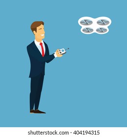 Beautiful, stylish businessman is playing with a drone. Drone aerial drone vector technology flying remote control on sky. Man controling aerial quadrocopter drone on the blue background. Vector. Logo