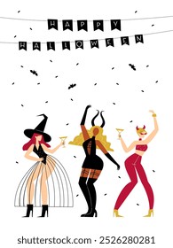Beautiful stylish card for a Halloween party. Girls in costumes dancing and having fun.Vector hand drawn illustration.