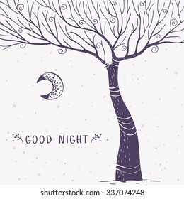 Beautiful and stylish card with magnificent tree and sample text. Vector doodle illustration.