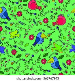 beautiful stylish cute green seamless pattern with funny funny birds and many flowers and plants. Nature in the background for the wrapper, packaging, textiles