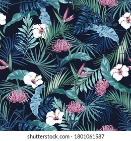 Beautiful stylish dark tropical flower in the rainforest seamless pattern vector EPS10 ,Design for fashion, fabric, web, wallpapers, wrapping, and all prints on navy blue background 