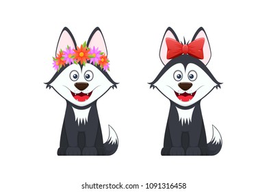 Beautiful stylish dogs with emotions of a smile, with a flower wreath on their heads and a beautiful red bow in a quiet sitting posture, cartoon face. Vector illustration isolated.