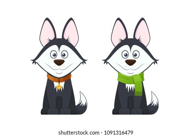 Beautiful stylish dogs with emotions of a smile in a facial expression, with a colorful green scarf and a bracelet from a leash with a gold pendant, cartoon face. Vector illustration isolated.