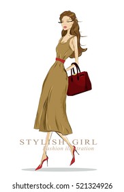 Beautiful stylish drawing woman with bag. Detailed fashion look. Vector illustration. 