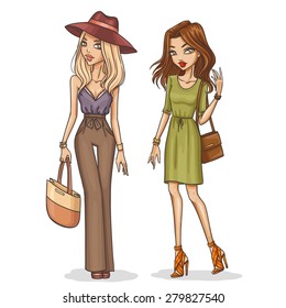 Beautiful and stylish fashion girls. Hand drawn girls in spring-summer outfits. Vector illustration.