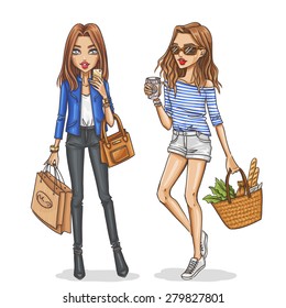 Beautiful and stylish fashion girls. Hand drawn girls in spring-summer outfits. Vector illustration.