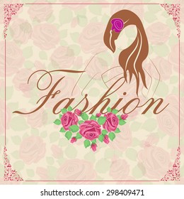 Beautiful stylish flyer, banner or template with pink roses and young fashionable girl for Fashion.