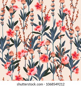 Beautiful Stylish Garden florals pattern in the many kind of flowers. Tropical botanical . Seamless vector texture.fashion prints. Printing with in hand drawn style on pink  background.