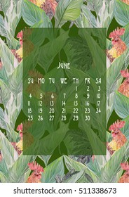 beautiful, stylish, gift vector calendar for 2017 with the symbol of the new year on the Chinese calendar - red fire rooster. Cocks with a different design are shown depending on the month . 