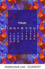 beautiful, stylish, gift vector calendar for 2017 with the symbol of the new year on the Chinese calendar - red fire rooster. Cocks with a different design are shown depending on the month. 