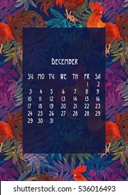 beautiful, stylish, gift vector calendar for 2017 with the symbol of the new year on the Chinese calendar - red fire rooster. Cocks with a different design are shown depending on the month. 
