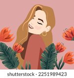 Beautiful stylish girl against the background of flowers. The cute woman is smiling. Vector illustration for the eighth of March or birthday. Portrait of a young blonde woman with long hair