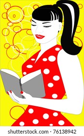 Beautiful stylish girl with book in hand, retro-style 80-ies