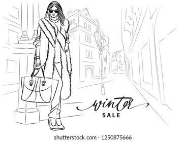 Beautiful stylish girl in a fur coat, trousers and glasses. Fashionable clothes and accessories. Fashion & Style. Vector illustration for a postcard or a poster. Print on clothes, cover of a magazine.