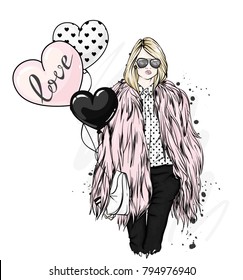 Beautiful stylish girl in a fur coat, trousers and glasses. Fashionable clothes and accessories. Fashion & Style. Vector illustration for a postcard or a poster. Heart shaped balls. Valentine's day.