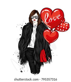 Beautiful stylish girl in a fur coat, trousers and glasses. Fashionable clothes and accessories. Fashion & Style. Vector illustration for a postcard or a poster. Heart shaped balls. Valentine's day.