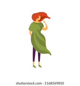 Beautiful stylish girl in green dress, elegant fashionable young woman in modern clothing vector Illustration on a white background