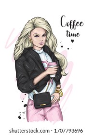 Beautiful stylish girl with long hair in fashionable clothes. Jacket, t-shirt and jeans. Fashion and style, clothes and accessories. Vector illustration. Woman with a coffee.