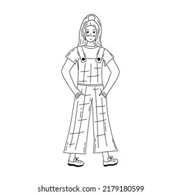 Beautiful stylish girl with long hair is walking in overalls. Fashionable and comfortable clothes. Hair is tied into a high ponytail. Black and white vector isolated illustration hand drawn