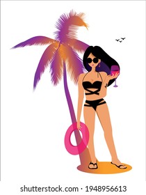 Hermosa chica elegante vestida con un traje de baño negro de moda en la playa, con un anillo inflable y una copa de vino en la mano. Una palmera y gaviotas. Ilustración vectorial aislada en fondo blanco.