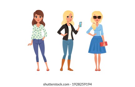 Beautiful Stylish Girls in Fashionable Clothes Set, Young Women Wearing Trendy Outfit Cartoon Vector Illustration