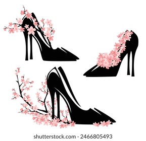 beautiful stylish high heels stiletto pump shoes with flowers and blooming sakura tree branches  - spring season footwear sale vector set