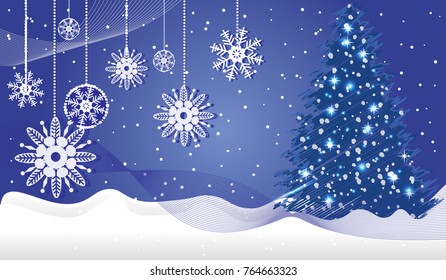 Beautiful stylish New Year`s blue and white vector greeting card. New Year background.