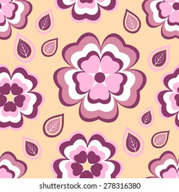 Beautiful stylish orange seamless pattern with pink and red sakura blossom - japanese cherry tree and leaf. Nature background with spring flowers. Trendy modern floral wallpaper. Vector illustration